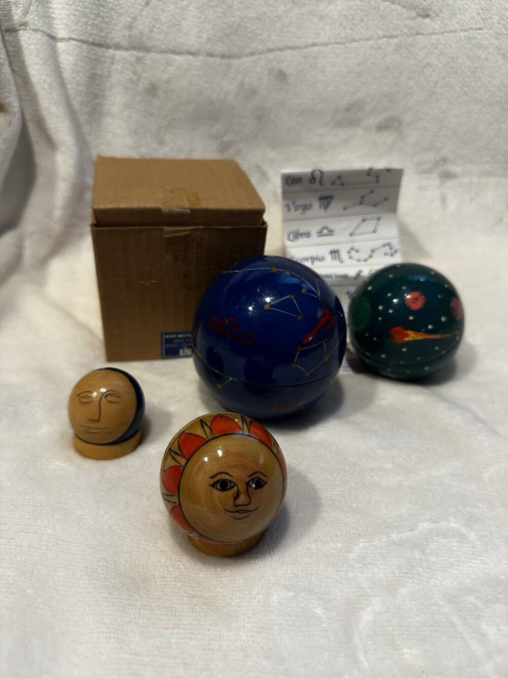 VTG Wooden Astrological Planetary Solar System Nesting Spheres Sun Moon Star NIB